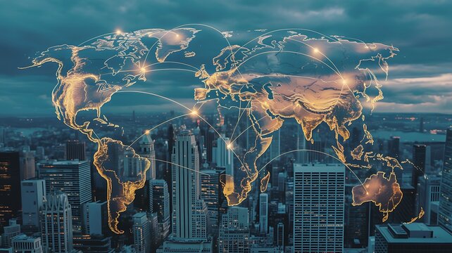 Global connections and city lights merge in a digital overlay representing the interconnectedness of the modern world