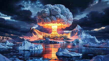 Dramatic apocalyptic scene of a mushroom cloud explosion erupting from a frozen landscape with fiery orange light reflecting on water