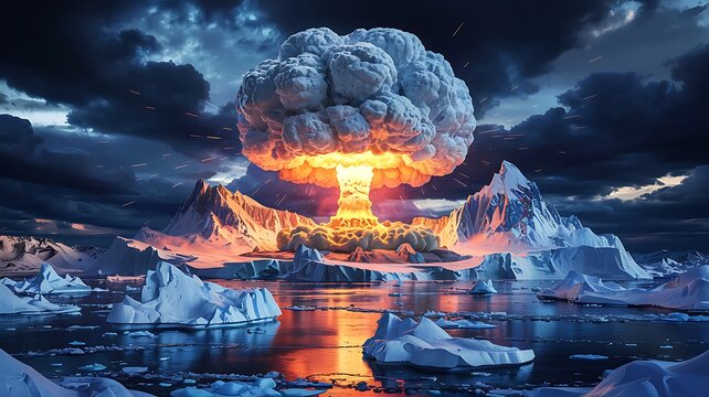 Dramatic apocalyptic scene of a mushroom cloud explosion erupting from a frozen landscape with fiery orange light reflecting on water