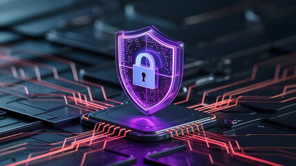 Digital shield with padlock symbol glowing purple over a microchip circuit board representing cybersecurity and data protection
