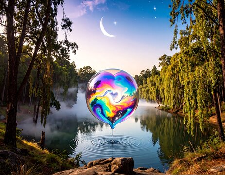 Heart-shaped soap bubble over a serene lake - Powered by Adobe