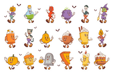 Groovy Halloween Retro Characters Set. Cartoon Food and Drink Pumpkin Pie, Cupcake, Coffee, Cat Tomb. Vector Autumn Holiday Sweets Mascot Templates. Happy Vintage Cool Personage Illustrations Isolated