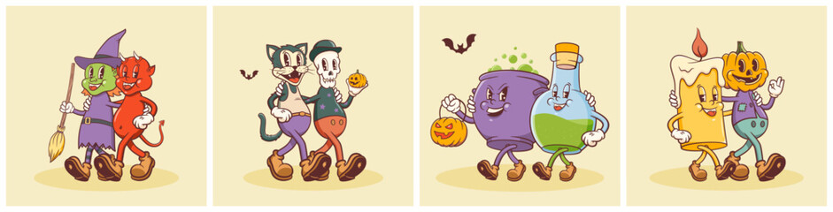 Groovy Halloween Retro Characters Set. Cartoon Pumpkin, Demon, Witch, Cat, Cauldron and Skeleton. Vector Autumn Holiday Mascot Templates. Happy Vintage Cool Scary Personage Illustrations Isolated