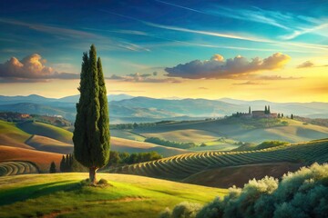 Majestic Italian Cypress Trees, Tuscany Landscape, Sunlight, Nature Photography, Italian Countryside, Tree, Cypress, Alberi, Italian Landscape
