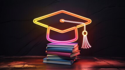 Bright neon graduation cap glowing vibrantly above a stack of old books on a dark wooden surface symbolizing education and achievement