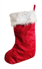 Red velvet Christmas stocking with a white fur trim, hanging from a loop against a white background, symbolizing holiday cheer and gift-giving traditions