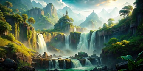 Majestic Mountain Waterfall Photography: Breathtaking Cascade, Scenic Landscape, Nature Photography