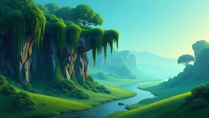 Serene Green Valley Landscape: Stylized River, Mossy Cliffs, and Lush Foliage in a Dreamlike Setting.
