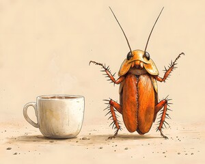 An illustrated cockroach with raised arms gestures playfully next to a steaming cup of hot coffee