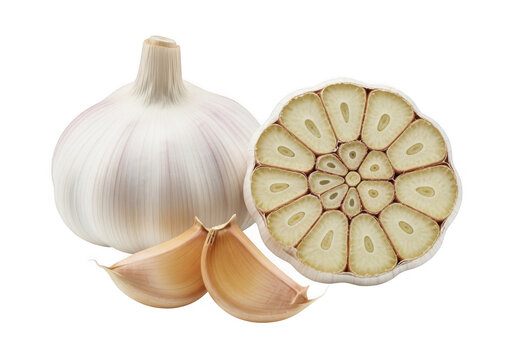 Whole garlic bulb with cloves and cut half isolated on transparent background