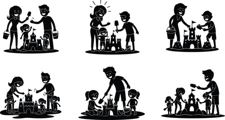 Naklejka premium Family sandcastle, kids playing, beach fun, summer vacation, parents with children, sandcastle building, outdoor activity, happy family, summer play