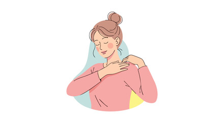 Serene young woman with a bun hairstyle gently touching her shoulder and neck area in a selfcare gesture.