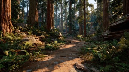 Fototapeta premium Sunlight filters through towering trees, illuminating a path lined with ferns and stones in a serene, dense forest