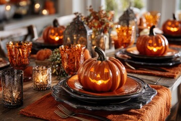 Festive Fall Dinner Table with Pumpkin Decor and Jack-o'-Lantern Centerpiece