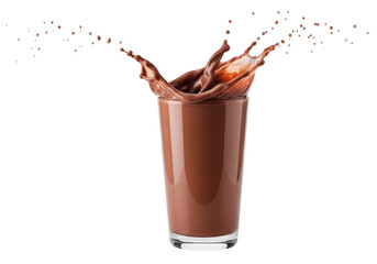 Chocolate milk splash in tall glass isolated on transparent background