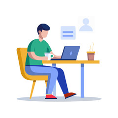 Fototapeta premium Vector illustration of freelancer working on laptop with coffee, flat clean design remote work and digital lifestyle concept 
