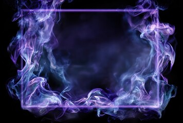 Obraz premium A square neon frame surrounded by wispy, blue and purple smoke or vapor against a dark background, creating a mystical, ethereal effect