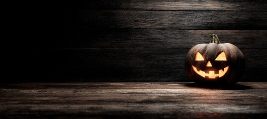 Glowing Jack-o'-Lantern on Dark Wooden Background with Space for Text