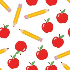 A seamless vector pattern featuring red apples and yellow pencils, symbolizing education and back-to-school themes on a clean white background
