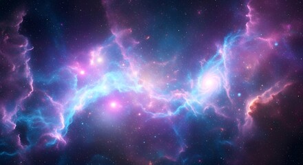 A majestic celestial panorama of a glowing nebula, with vibrant purple and blue cosmic clouds amidst twinkling stars in the deep universe