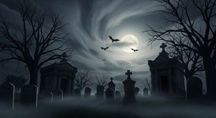 Spooky Cemetery at Night Under a Full Moon.