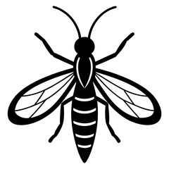 Stylized black silhouette of a wasp with detailed wings and segmented body on a white background silhouette