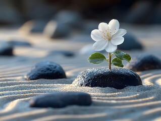 A single delicate white flower grows from a rock in a serene Zen garden with raked sand