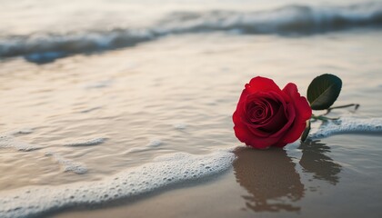 Lonely Red Rose: Burial At Sea With Funeral Symbol And Condolence Card On Beach With A Background Of Water And Copy Space