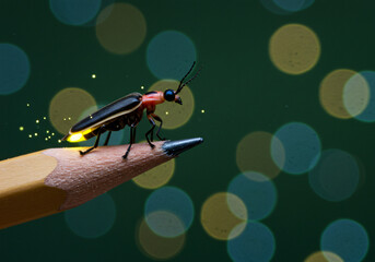Bioluminescent firefly perched on sharpened pencil, macro