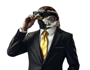 Surreal Sparrow in Business Suit with Golden Tie PNG
