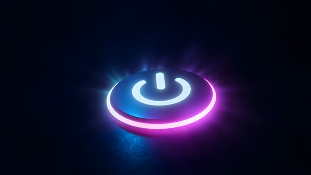 Futuristic holographic power button icon representing digital start, technology and innovation, glowing