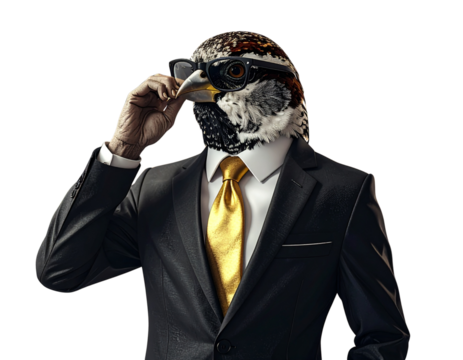 Surreal Sparrow in Business Suit with Golden Tie PNG