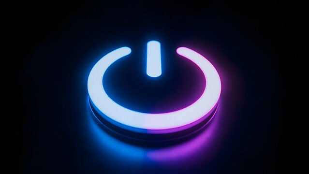 Futuristic holographic power button icon representing digital start, technology and innovation, glowing