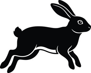 Minimal vector silhouette, rabbit hopping mid-air, legs tucked, side view, solid black