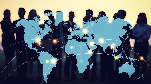 Diverse group of people silhouetted against a world map overlay symbolizing global connection and unity