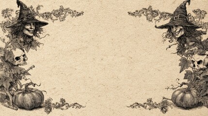 Ornamental Halloween Frame With Witches