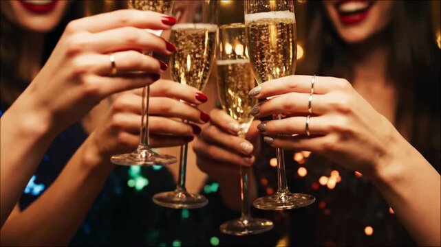 Elegant celebration with friends toasting champagne at festive party