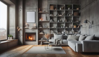 Modern living room with concrete walls, fireplace, and large bookshelf filled with decor