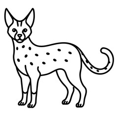 A stylized black and white outline drawing of a spotted cat standing silhouette