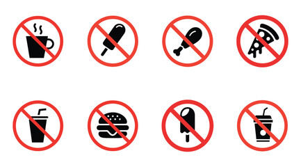 Collection of eight prohibition signs showing unhealthy food and drinks on white background