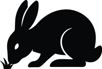 Minimal vector silhouette, rabbit nibbling grass head down, side view, solid black