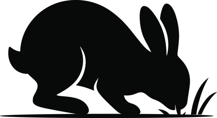 Minimal vector silhouette, rabbit nibbling grass head down, side view, solid black