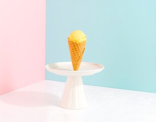 Single scoop of yellow ice cream in waffle cone on white pedestal