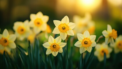 Fototapeta premium Vibrant Yellow Daffodils Blooming In Springtime: A Gorgeous Field Of Narcissus Flowers In Sunshine, Close-Up Of Blossoms In Meadow, Full Of Cheerful Spring Floral Beauty