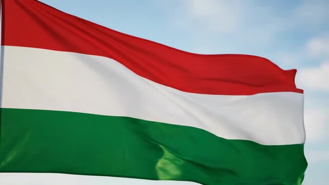 Hungarian Flag Waves Proudly in the Breeze on a Bright Sunny Day With a Light Blue Sky in the Background