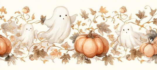 Watercolor Halloween Border with Ghosts, Pumpkins, Acorns, and Gold Vines