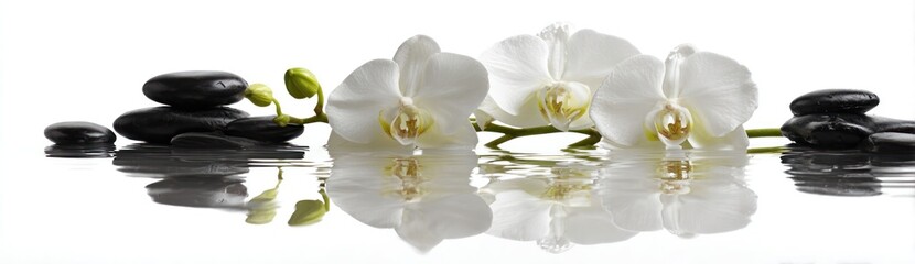 Serene arrangement of white orchids and smooth black stones, reflected in water. Bright, calming scene © lai