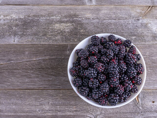 Bowl full of juicy blackberries, natural healthy food, antioxidant rich summer berries.
