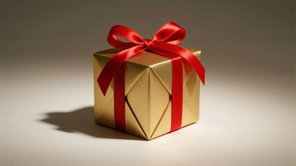 Fototapeta premium Golden Gift Box with Red Ribbon on Neutral Background