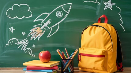 Bright yellow backpack and school supplies on a desk in front of a chalkboard with a rocket ship drawing